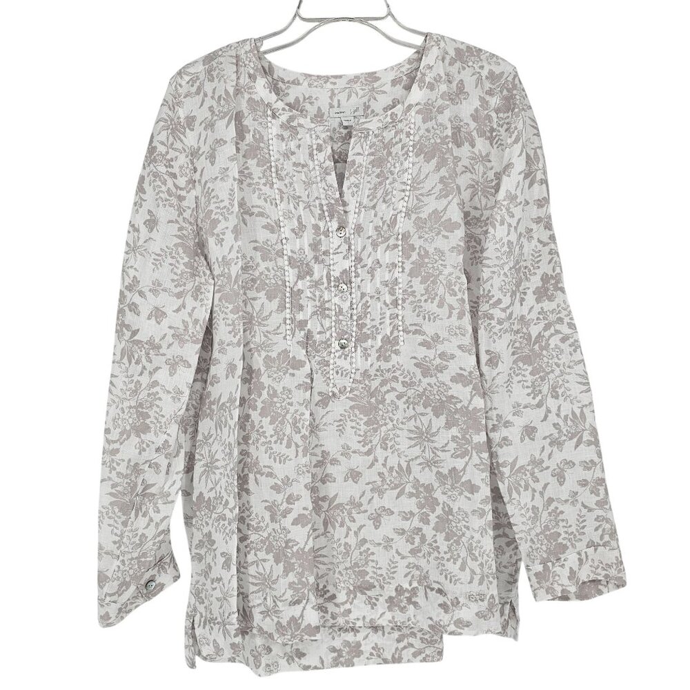 J. Jill Love Linen Popover Blouse L Floral Print White Taupe LS‎ Pintuck Coastal